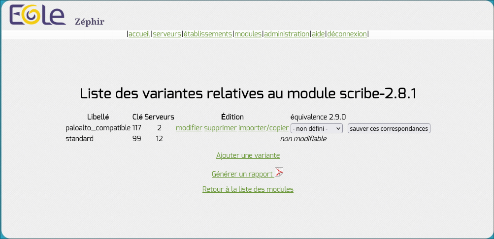 Page des variantes d’un module